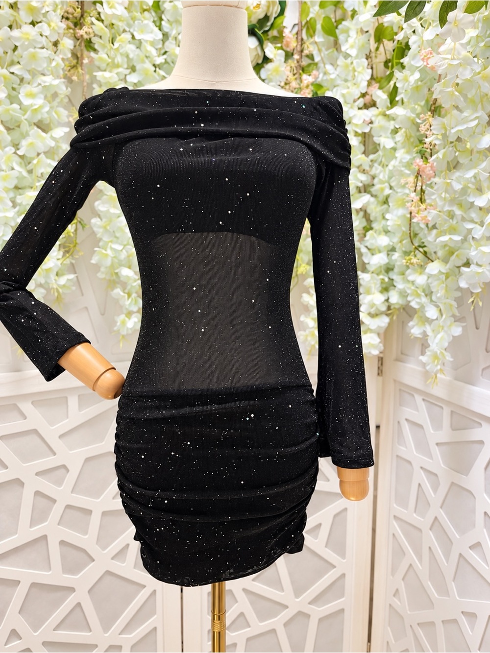 Source Unknown Black Sparkle Off-Shoulder Mini Dress